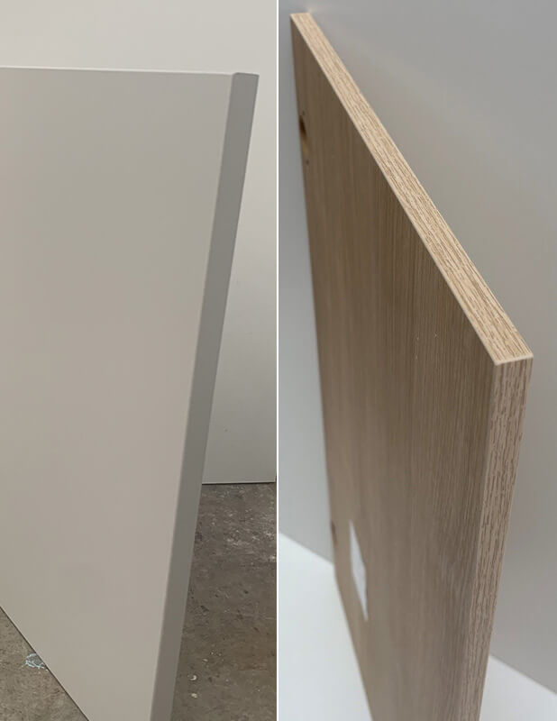 2pac (polyurethane) finish next to melamine finish on cabinet doors